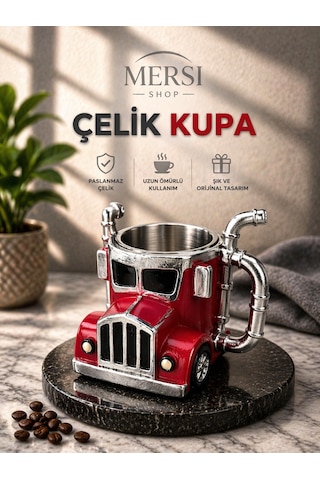 Kamyon Tasarımlı Paslanmaz Çelik Kupa Bardak 3d Dekoratif Araç Kupa Altın - Kırmızı