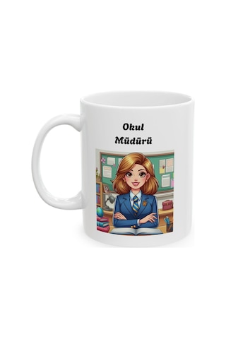 Kadın Okul Müdürü Hediyelik Baskılı Porselen Beyaz Lüks Kupa Bardak Beyaz