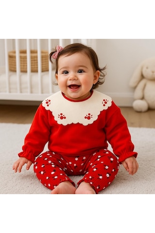 Çiçek Nakış Yakalı Fitilli Tayt Mevsimlik 2 Parça Set Kırmızı