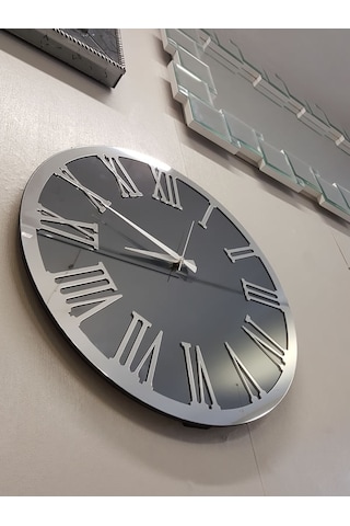 Ayna Denizi Silver Jet Smoked Model Gümüş Füme Renk 50 CM Dekoratif Aynalı Duvar Saati Gümüş