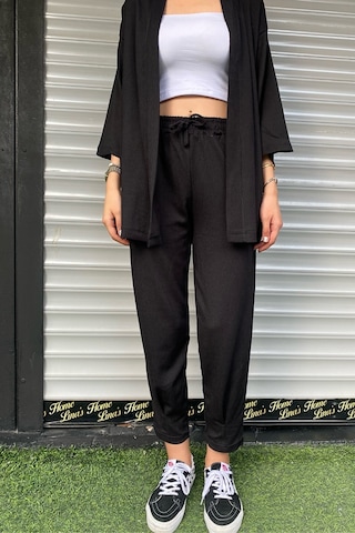 Trend Alisse Paçası Pensli Bürümcük Kimono Kadın Alt Üst Takım Siyah