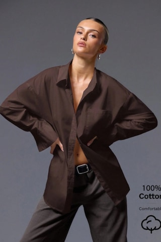 Tarz Cool Kadın Oversize Gömlek Uzun Kollu Basic Salaş Kesim Poplin Trend Şık Günlük Gömlek Kahverengi