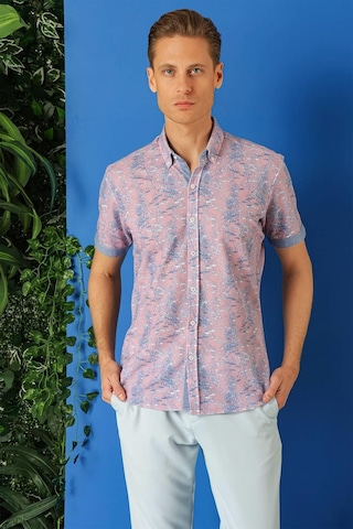 Efor Slim Fit Düğmeli Yaka Desenli Kısa Kol Pamuk Lila Gömlek G 1499 Lila