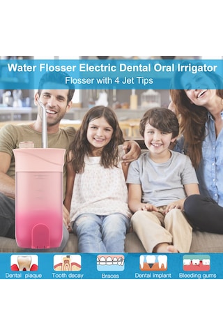 Qingmipy Taşınabilir Şarjlı Diş İrrigatörü, 200ml Su Tankı, 4 Nozul, Ipx7 Su Geçirmez, Pembe Renk