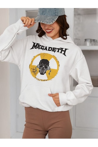 Sevbano Megadeth Baskılı Unisex Oversize Rock Metal Müzik Grubu Hoodie Beyaz