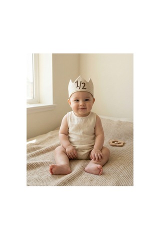 1/2 Half Birthday - Yarım Yaş Nakışlı Bebek Tacı - Half Birthday Tacı - Kahve/krem +0