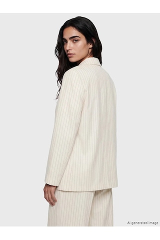 Lc Waikiki Bej Çizgili Keten Karışımlı Kadın Blazer Ceket