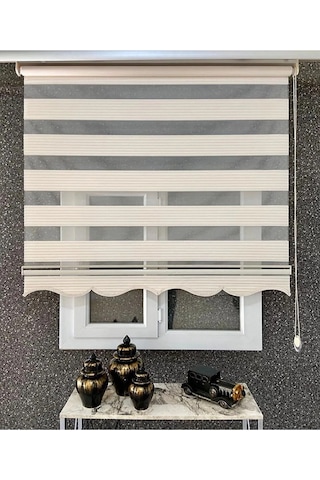 Krem Geniş Pliseli Zebra Stor Perde Eteği Dilimli Alüminyum Kasa+metal Ayak