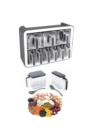 9 Lu Baharatlık Seti, Standlı Kaşıklı Kapaklı Yapışkanlı Baharat Erzak Saklama Takımı Füme-beyaz Gri - Beyaz