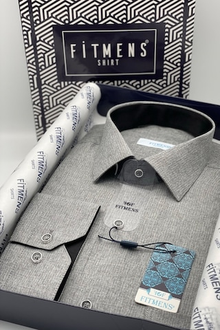 Fitmens Klasik Uzun Kol Keten Cotton Hediye Kutulu Erkek Gömlek Koyu Gri