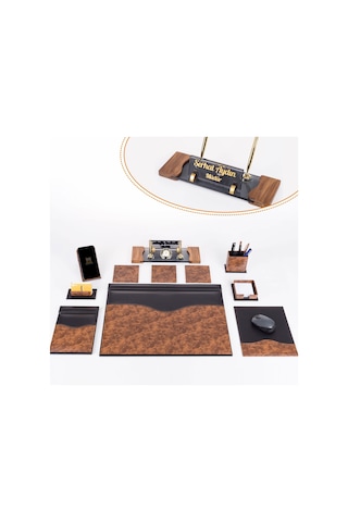 9 Parça Kök Ağaç Ahşap Desen Siyah Lüks Sümen Takımı Elit Kristal Ofis Masa İsimliği Sümen Seti