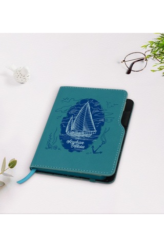 Kişiye Özel Gemi Tasarımlı Turkuaz Termo Deri Defter-2 Turkuaz