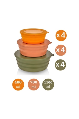 Flosoft Kapaklı Erzak Saklama Kabı, Kase Çerezlik Kahvaltılık 3 Boy 12 Li Set 4x 400ml,700ml,1100ml 12 Adet Çok Renkli