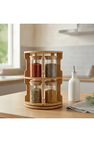 Doğal Bambu 360 Döner Standlı 10'lu Cam Baharatlık Seti - Büyük Boy 250 Ml Ahşap Kapaklı Baharat Takımı Çok Renkli