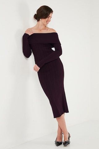 Lela Premium Fitilli Carmen Yaka Slim Fit Midi Boy Triko Bayan Elbise 680El00033 Mürdüm