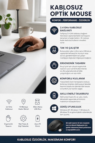 Kablosuz Optik Mouse 2.4ghz Siyah Laptop Bilgisayar Faresi Ev Ofis Uyumlu Tak Çalıştır Mause -
