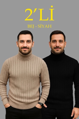 Erkek Fitilli Triko Kazak 2li Set Bej Siyah Regular Balıkcı Yaka Tam Boğazlı Triko Seti Modeli Kazak Siyah