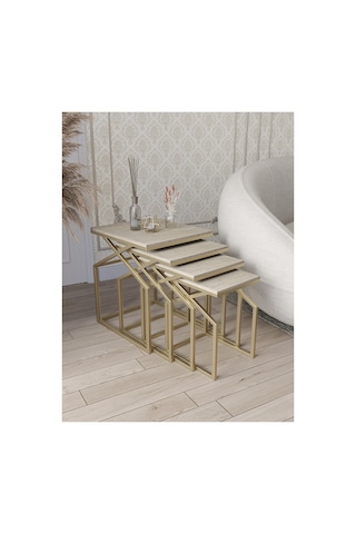 Uygar Zigon Sehpa Yan Sehpa Metal Sehpa Mat Gold Metal - Traverten Desen Mdf Membran Kaplama Gold-traverten