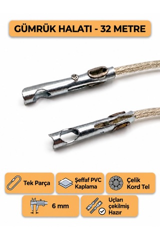 Tır Dorse Kamyon Konteyner Gümrük Halatı Galvanizli Çelik Tel 32 Metre 6mm