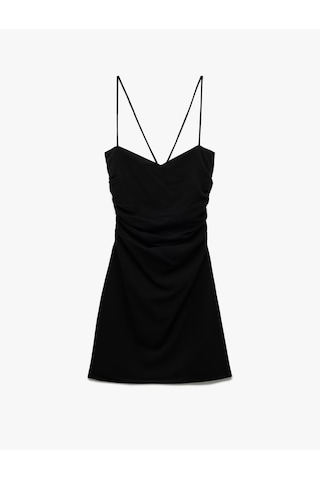 Koton Viskon Keten Karışımlı Slim Fit Drapeli İnce Askılı Mini Elbise Siyah 5sak80441pw Siyah