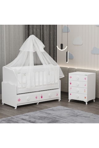 Elegant Mdf Çıtalı Beşik + Şifonyer Yatak Uykuseti - Prenses Beyaz