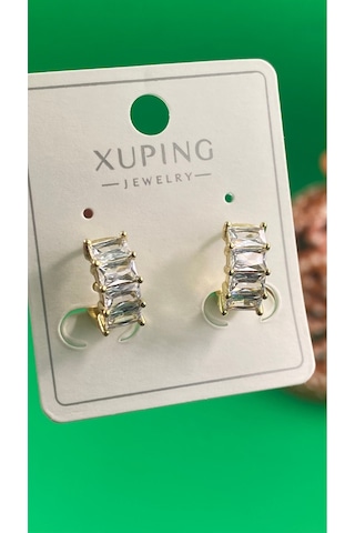 Xuping 14k Altın Renginde Zirkon Taşlı Halka Model Çelik Kadın Küpe Gold