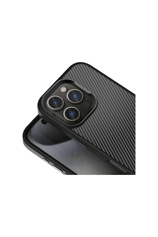 iPhone Uyumlu 16 Pro Max Kılıf Karbon Fiber Görünümlü Parlak Kamera Çerçeveli Redclick Venus Kapak - Siyah
