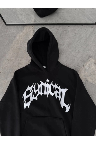Valensdesign Üç İplik Kapşonlu Baskılı Oversize Sweatshirt- Siyah