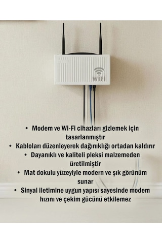 Wifi Modem Saklama Kutusu Plastik Malzeme İle 15x25x6 Cm Boyutlarında Şık Duvar Tipi Yapışkanlı Vida Hediyedli 2 Adet Beyaz - Gri