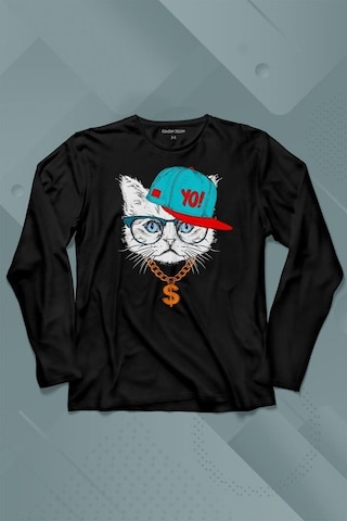 Gözlüklü Kedi Cat Glasses Yo Momy Dolar Uzun Kollu Tişört Baskılı Çocuk T-shirt 001