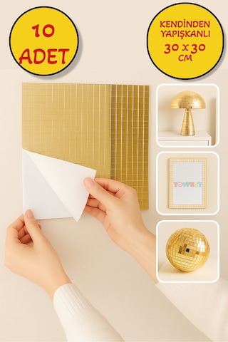 10 Lu Kendinden Yapışkanlı Gold Ayna Mozaik Disco Sticker Duvar Çerçeve Eşya Dekoratif Kaplama30x30 Altın