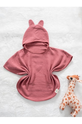 Organik Pamuk, Kapüşonlu Müslin Çocuk Pançosu - Pembe 12 - 36 Ay