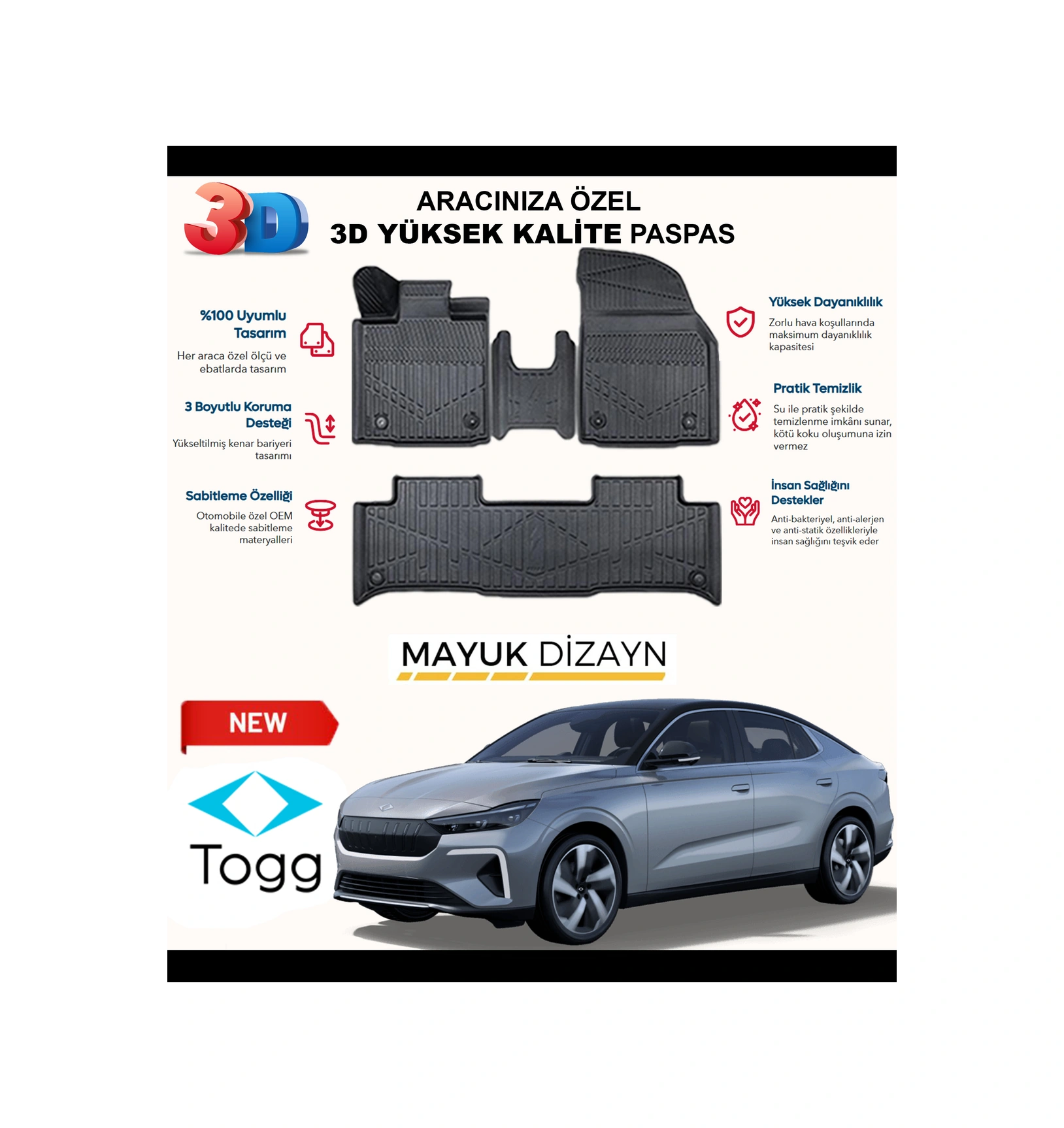 Togg T10f 2025+ Myk 3d Havuzlu Paspas Seti