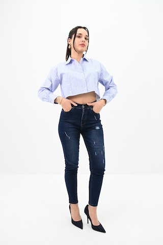 Koza Butik Kadın Çizgili Mavi Crop Gömlek 1738-24 001