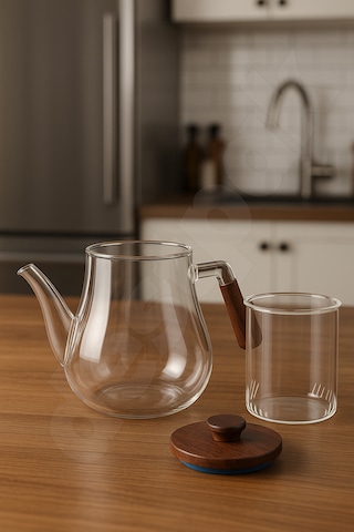 Akasya Kapaklı Ve Saplı Yuvarlak Cam Demlik - Isıya Dayanıklı - Cam Demlikli - Akasya Kapaklı Cam