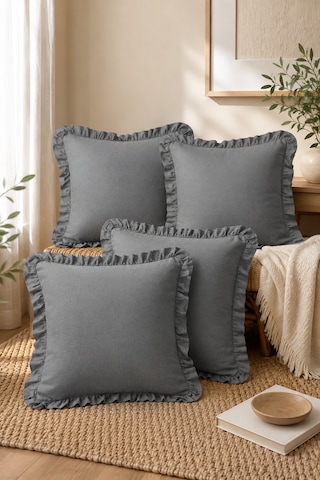 4 Lü Antrasit Fırfırlı Dekoratif Kırlent Kılıfı %100 Pamuk 45x45 Cm