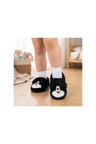 Modafocus Çocuk Köpekli Peluş Panduf - Siyah Siyah