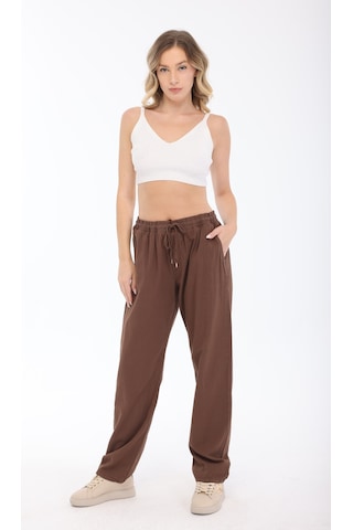 Blayn Jeans Blayn Kadın Taba Keten Dokulu Yüksek Bel Bol Paça Beli Bağcıklı Pantolon Kahverengi
