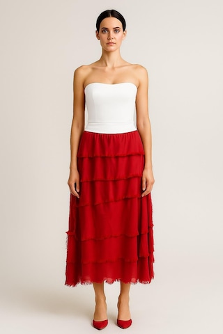 İtalyan 2 Beden Ince Gösteren Kat Kat Ipek Etek & Straplez Elbise Kırmızı