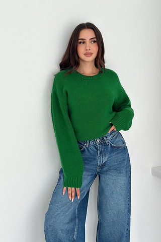 Femelle Yeşil Kadın Oversize Basic Triko Kazak - Standart Beden