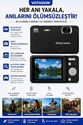 Dijital Kamera 4k Hd 48mp 8x Zoom Flaşlı Kayar Retro Video Kamera 2.4 Ekran 64gb Sd KartSiyah Najmaddin