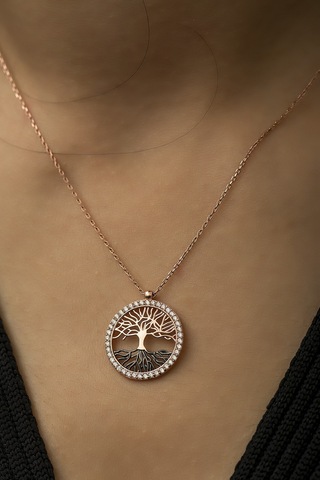 Kadın Hayat Ağacı Nano Zirkon Taşlı Rose 925 Ayar Gümüş Kolye Uvps100520