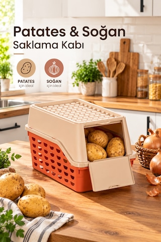 Porsima 8.5 Lt. Hava Delikli Plastik Patates Ve Soğan Saklama Kutusu 26 Cm - Önü Açılır Kapaklı Kiler Ve Mutfak Düzenleyici Sepet Kiremit / Bej