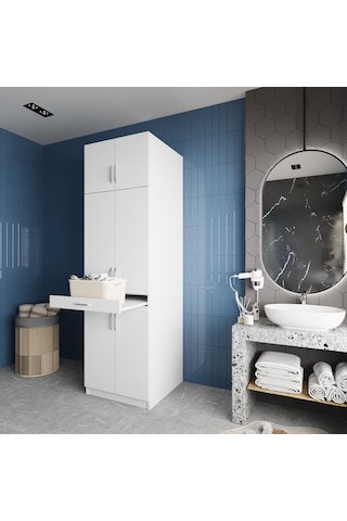 Piramit Çamaşır Ve Kurutma Makinesi Dolabı Banyo Dolabı Beyaz Beyaz