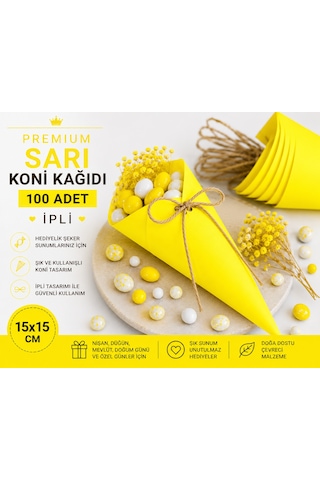 Premium Sarı Koni Kağıdı 100 Adet İpli Hediyelik İkram Ve Şeker Sunum Külahı