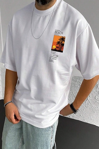 Erkek Beach Baskılı Oversize Tshirt Beyaz