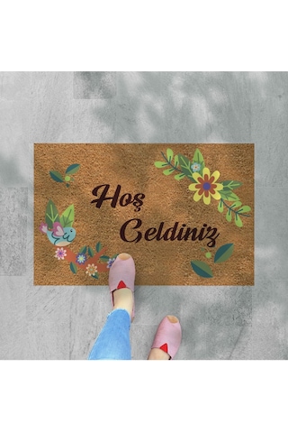 Hoş Geldiniz Yazılır Temalı Kedili Dekoratif Dış Kapı Önü Ve Iç Mekan Paspası Haki Yeşili