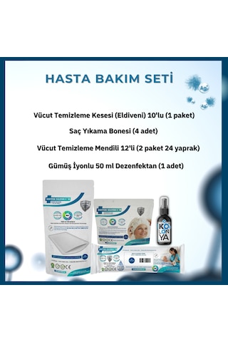 Gümüş İyonlu 1 Aylık Hasta Bakım Seti Vücut Kesesi, 2x Mendil, 4x Saç Bonesi, 50 Ml Dezenfektan