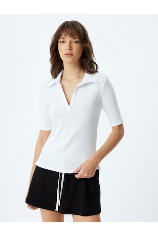 Koton Polo Tişört Fitilli Kısa Kollu Pamuklu Slim Fit Beyaz 4sak50012uk