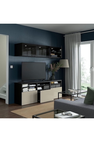 Tv Ünitesi, Venge-parlak Cila-bej-füme Cam, 180x42x192 Cm, Selsvıken/glassvık, Fren Raylı Gri